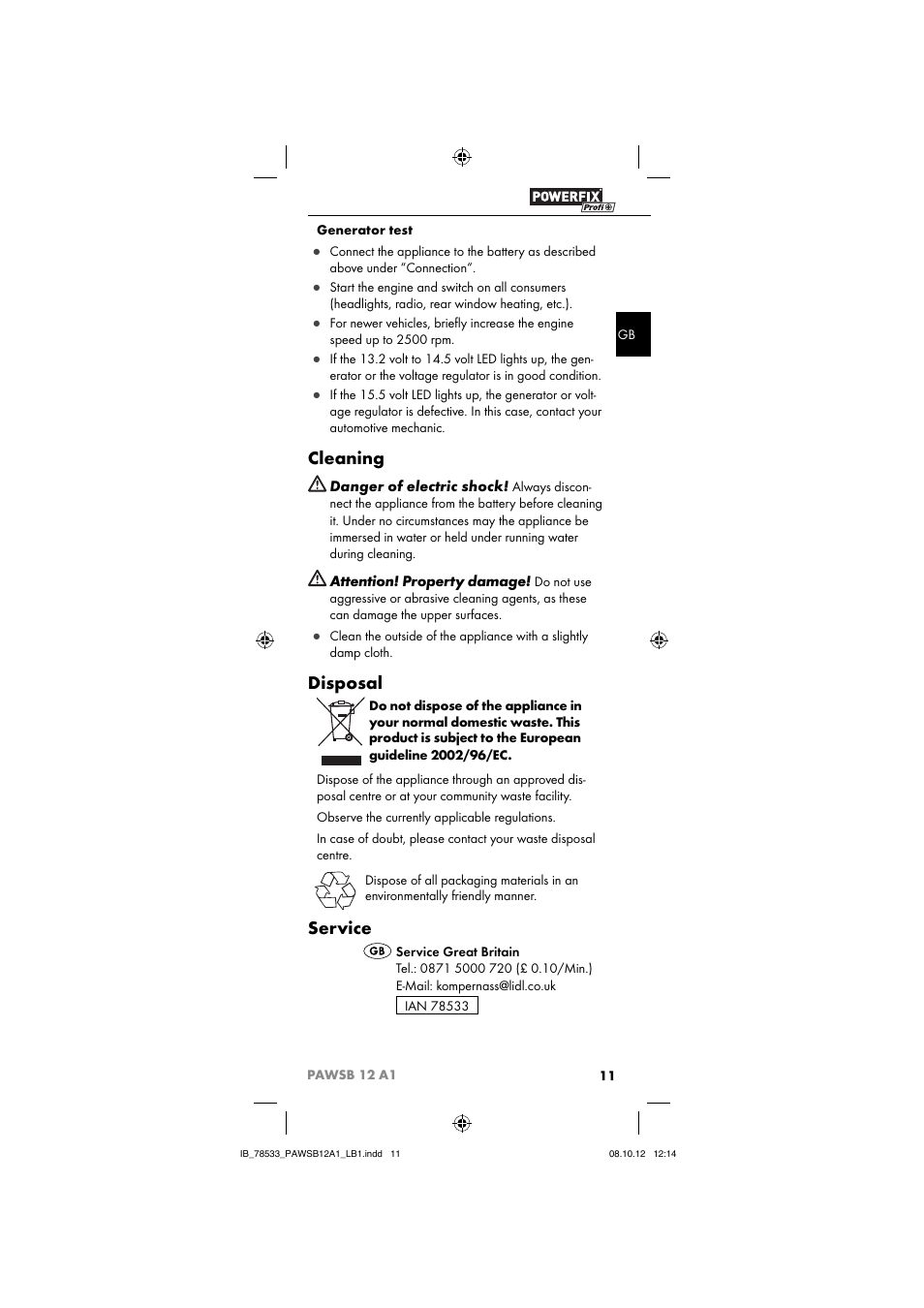 Cleaning, Disposal, Service | Ultimate Speed PAWSB 12 A1 User Manual | Page 13 / 15