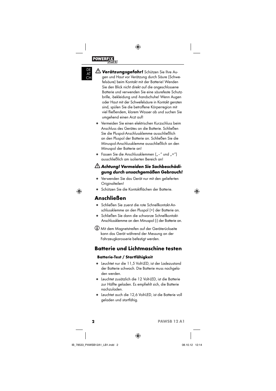 Anschließen, Batterie und lichtmaschine testen | Ultimate Speed PAWSB 12 A1 User Manual | Page 4 / 15