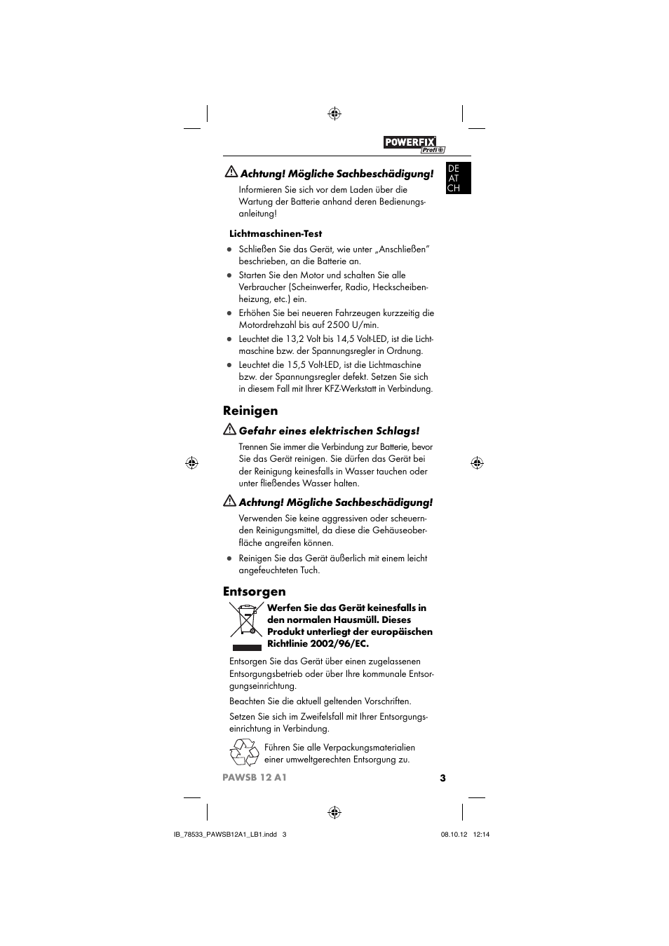 Reinigen, Entsorgen | Ultimate Speed PAWSB 12 A1 User Manual | Page 5 / 15