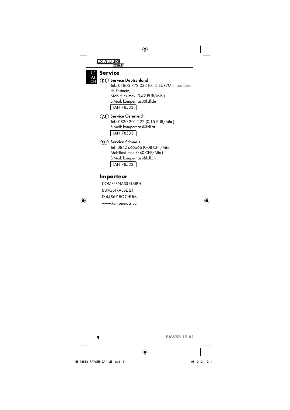 Service, Importeur | Ultimate Speed PAWSB 12 A1 User Manual | Page 6 / 15