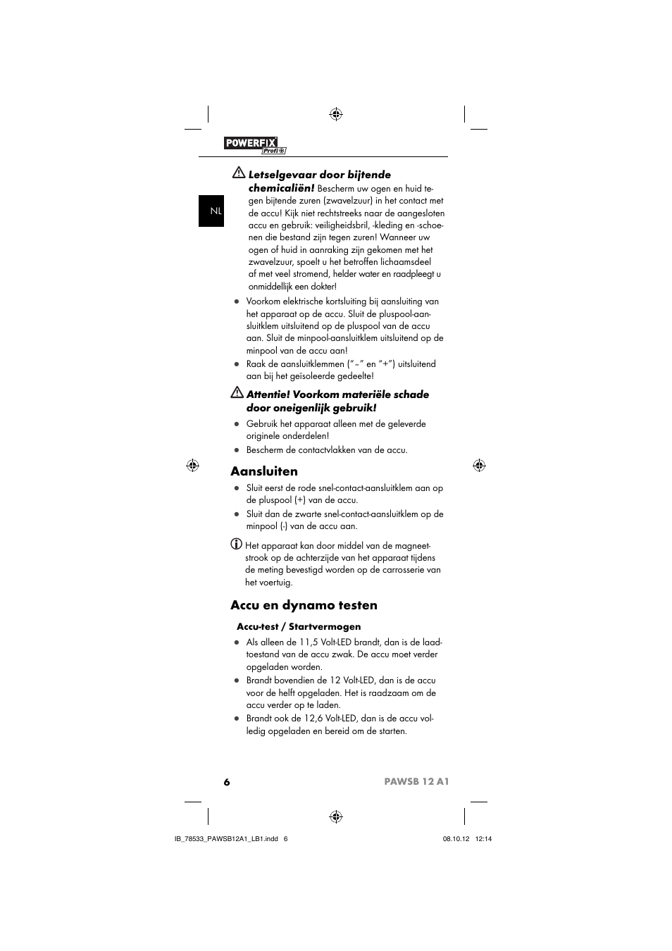 Aansluiten, Accu en dynamo testen | Ultimate Speed PAWSB 12 A1 User Manual | Page 8 / 15