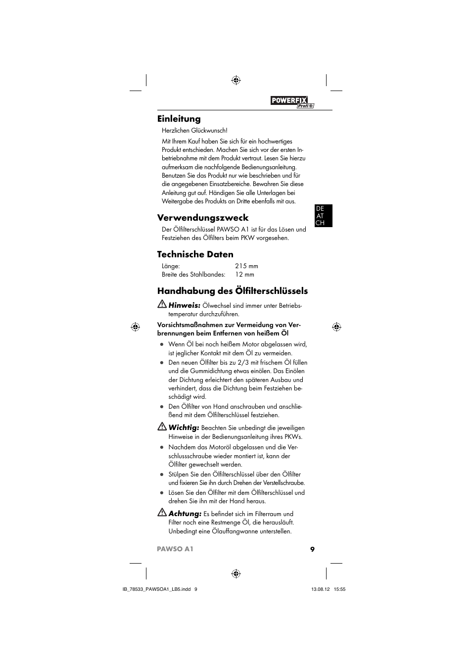 Einleitung, Verwendungszweck, Technische daten | Handhabung des ölﬁ lterschlüssels | Ultimate Speed PAWSO A1 User Manual | Page 11 / 13