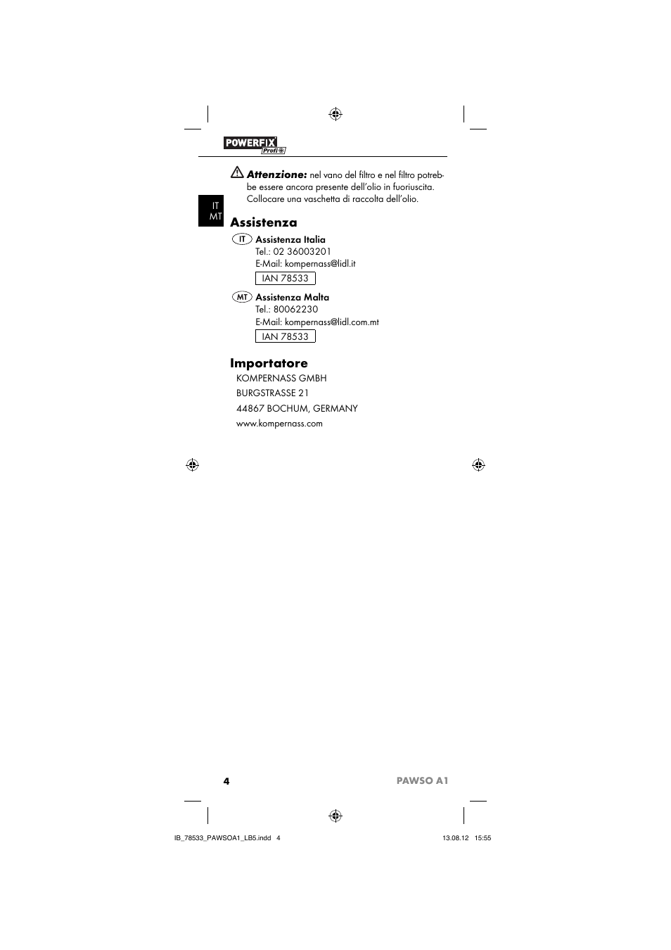 Assistenza, Importatore, Attenzione | Ultimate Speed PAWSO A1 User Manual | Page 6 / 13