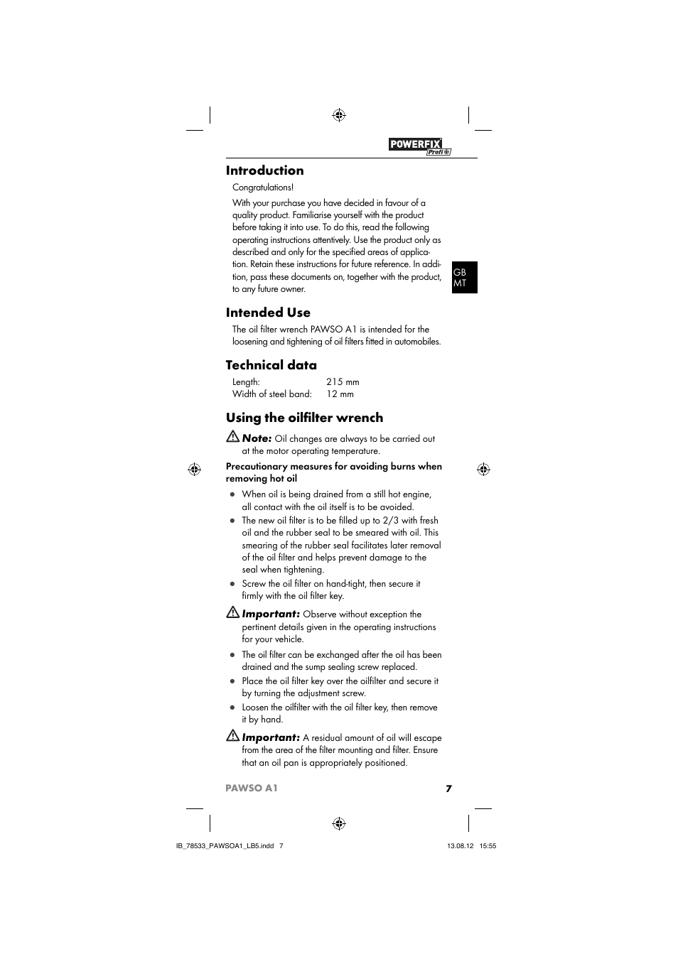 Introduction, Intended use, Technical data | Using the oilﬁ lter wrench | Ultimate Speed PAWSO A1 User Manual | Page 9 / 13