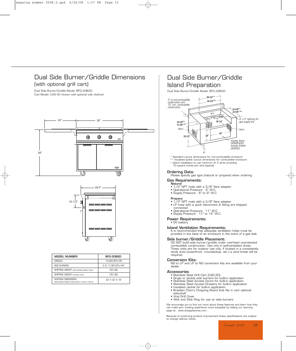 Dual side burner/griddle dimensions, Dual side burner/griddle island preparation, With optional grill cart) | DCS BFG-30BGD User Manual | Page 2 / 2