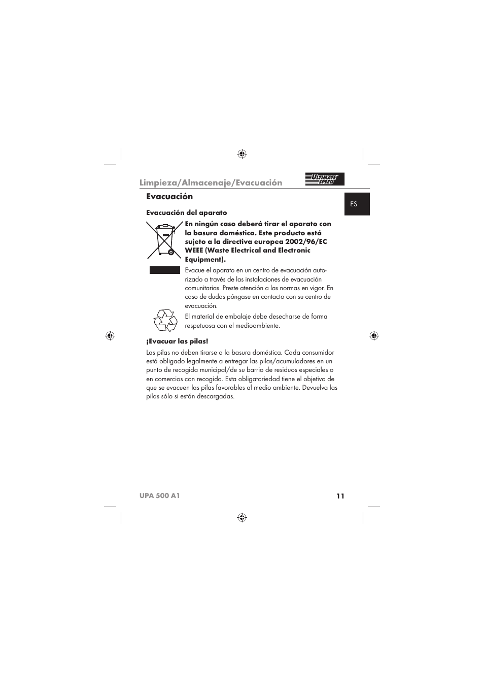 Limpieza/almacenaje/evacuación, Evacuación | Ultimate Speed UPA 500 A1 User Manual | Page 13 / 58