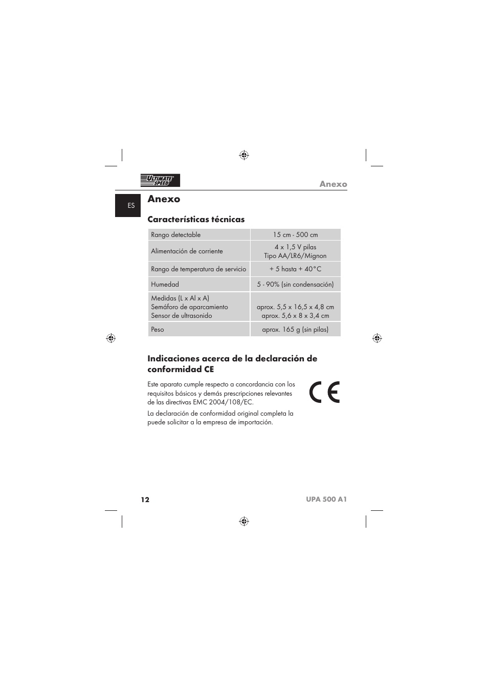 Anexo, Características técnicas | Ultimate Speed UPA 500 A1 User Manual | Page 14 / 58