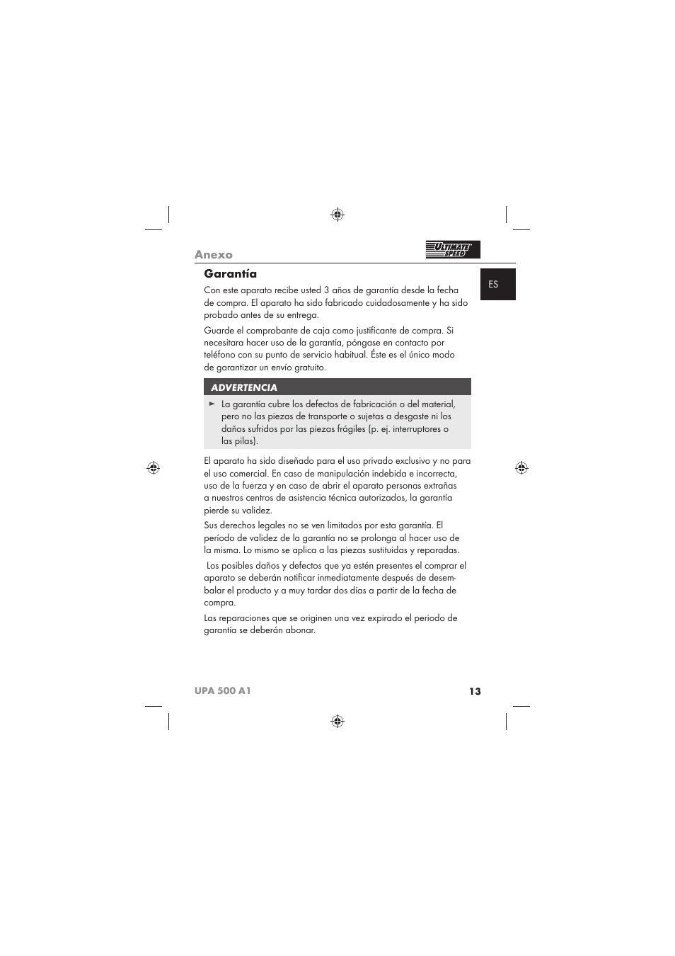 Anexo, Garantía | Ultimate Speed UPA 500 A1 User Manual | Page 15 / 58