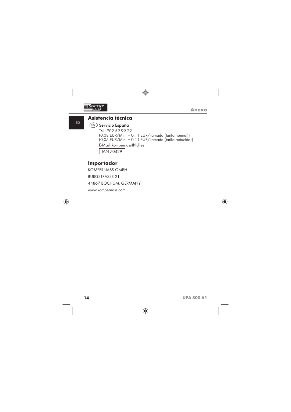 Anexo, Asistencia técnica, Importador | Ultimate Speed UPA 500 A1 User Manual | Page 16 / 58