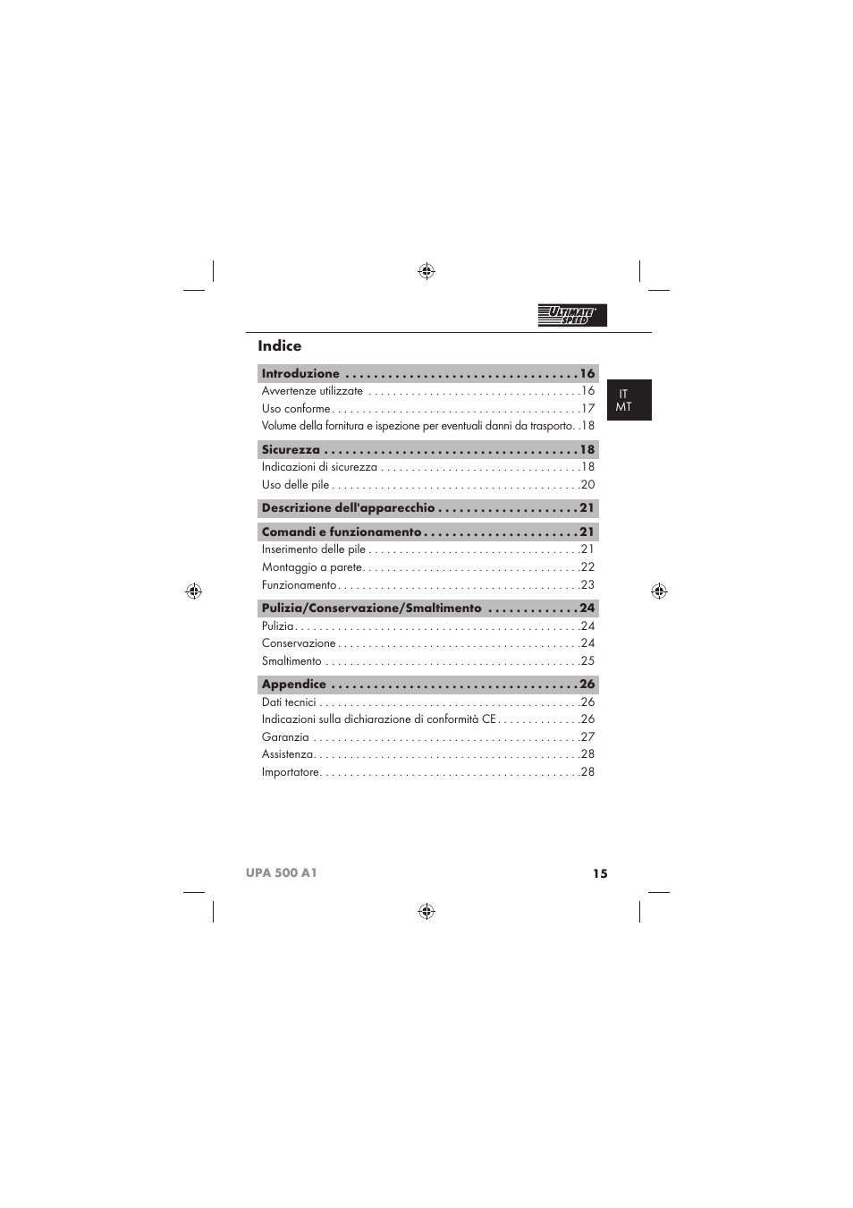 Indice | Ultimate Speed UPA 500 A1 User Manual | Page 17 / 58