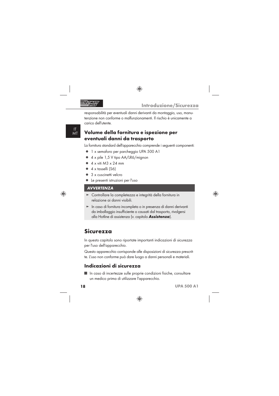 Sicurezza, Introduzione/sicurezza, Indicazioni di sicurezza | Ultimate Speed UPA 500 A1 User Manual | Page 20 / 58