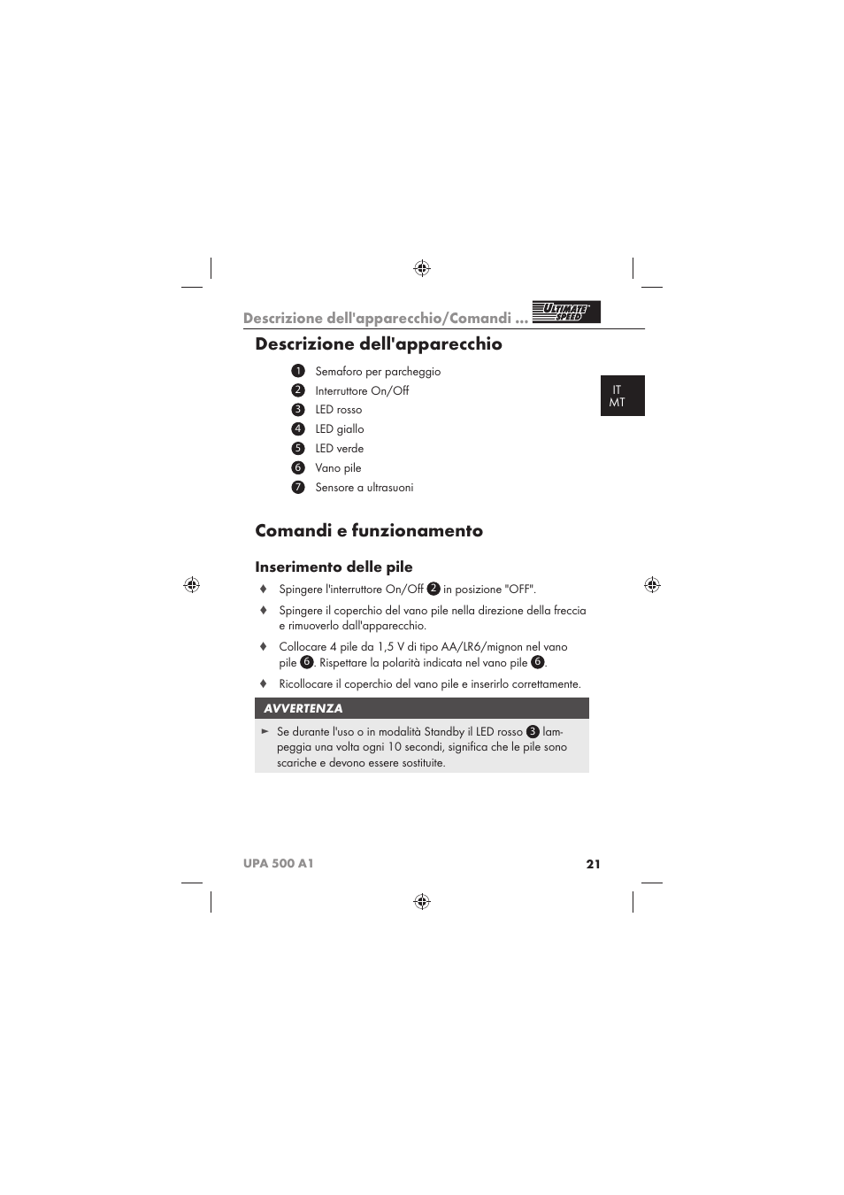 Descrizione dell'apparecchio, Comandi e funzionamento, Descrizione dell'apparecchio/comandi | Inserimento delle pile | Ultimate Speed UPA 500 A1 User Manual | Page 23 / 58