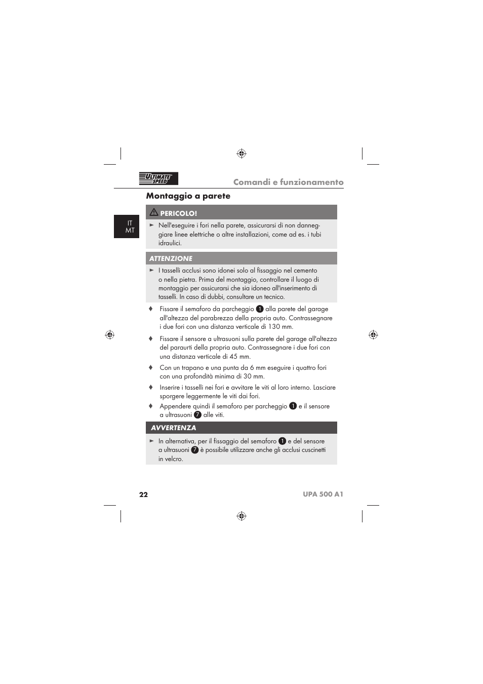 Comandi e funzionamento, Montaggio a parete | Ultimate Speed UPA 500 A1 User Manual | Page 24 / 58