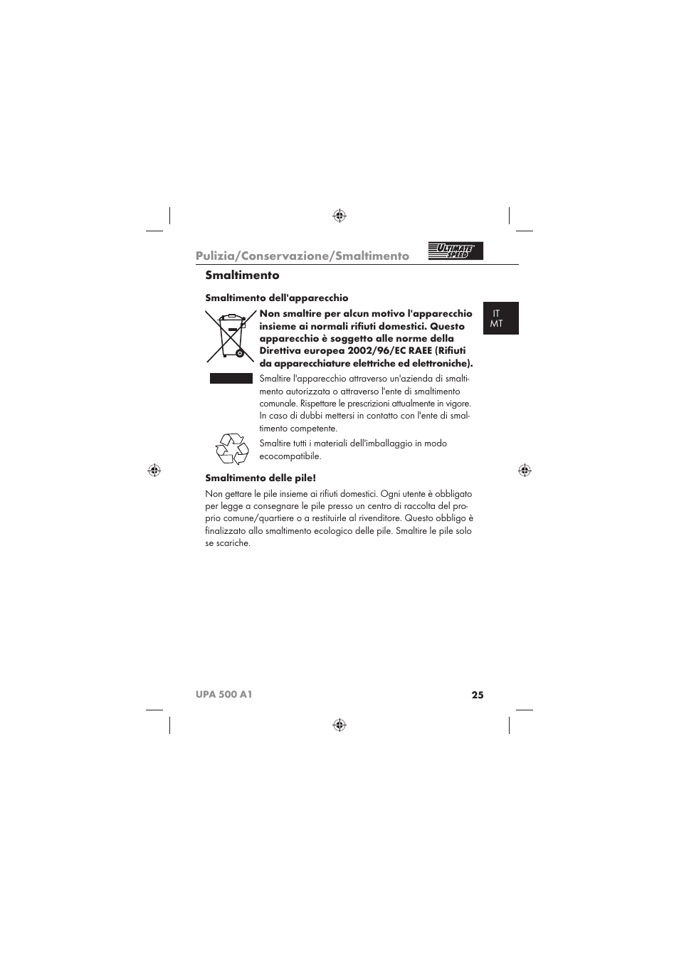Pulizia/conservazione/smaltimento, Smaltimento | Ultimate Speed UPA 500 A1 User Manual | Page 27 / 58