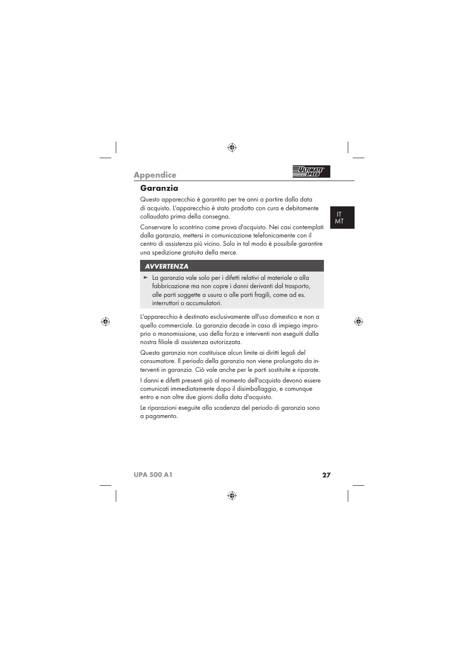 Appendice, Garanzia | Ultimate Speed UPA 500 A1 User Manual | Page 29 / 58
