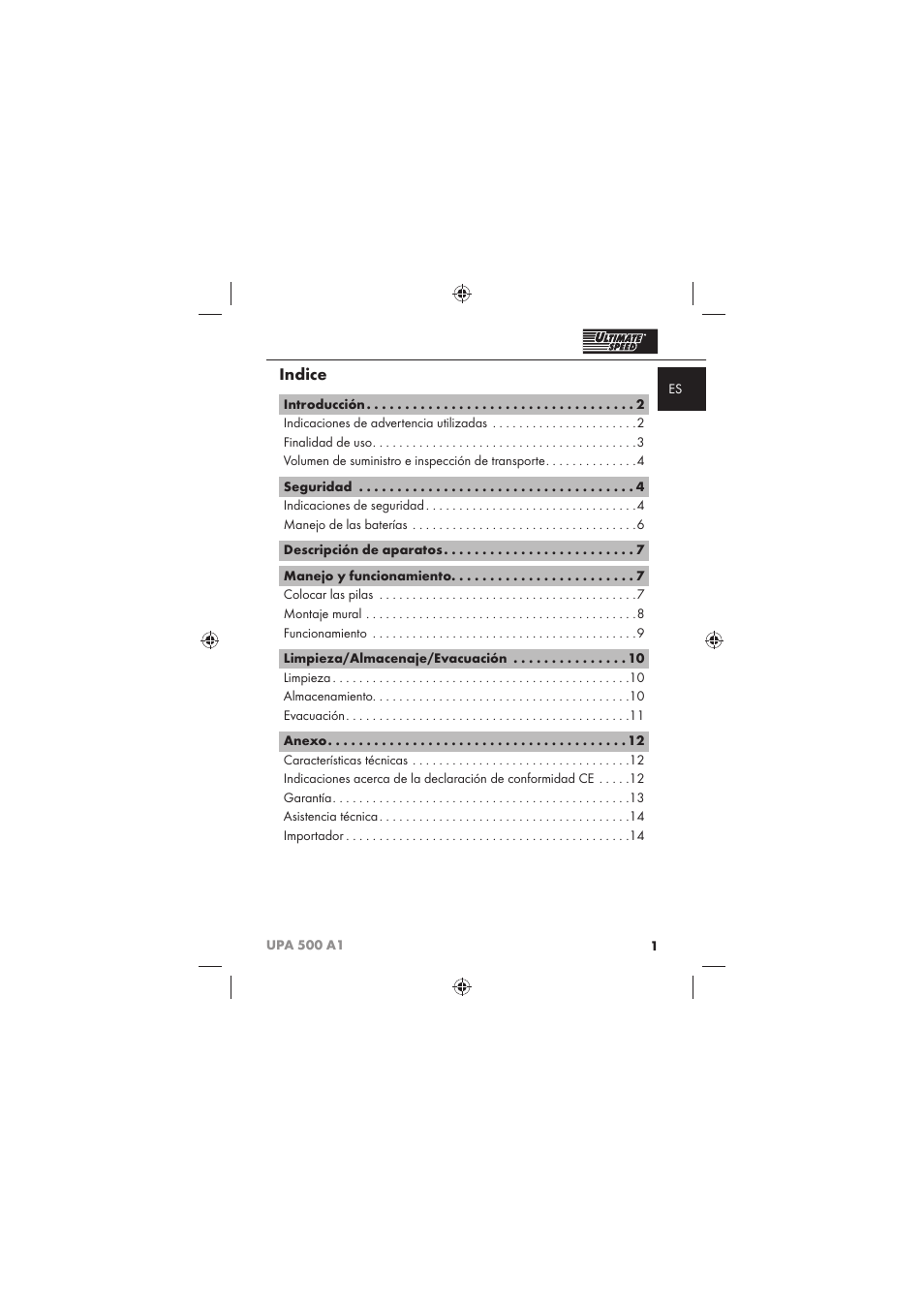 Indice | Ultimate Speed UPA 500 A1 User Manual | Page 3 / 58