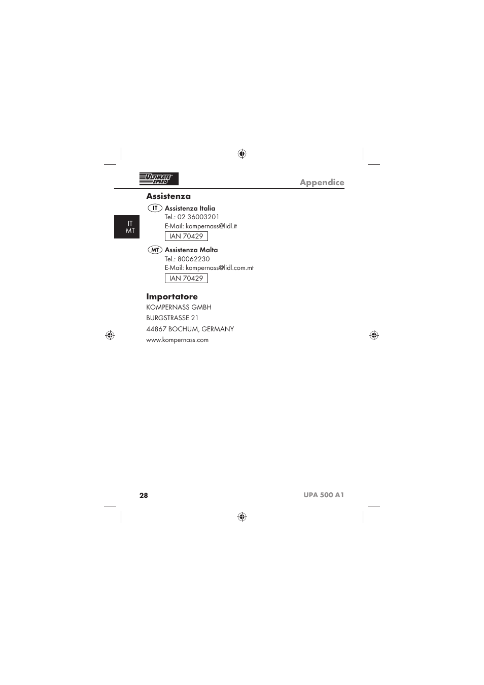 Appendice, Assistenza, Importatore | Ultimate Speed UPA 500 A1 User Manual | Page 30 / 58
