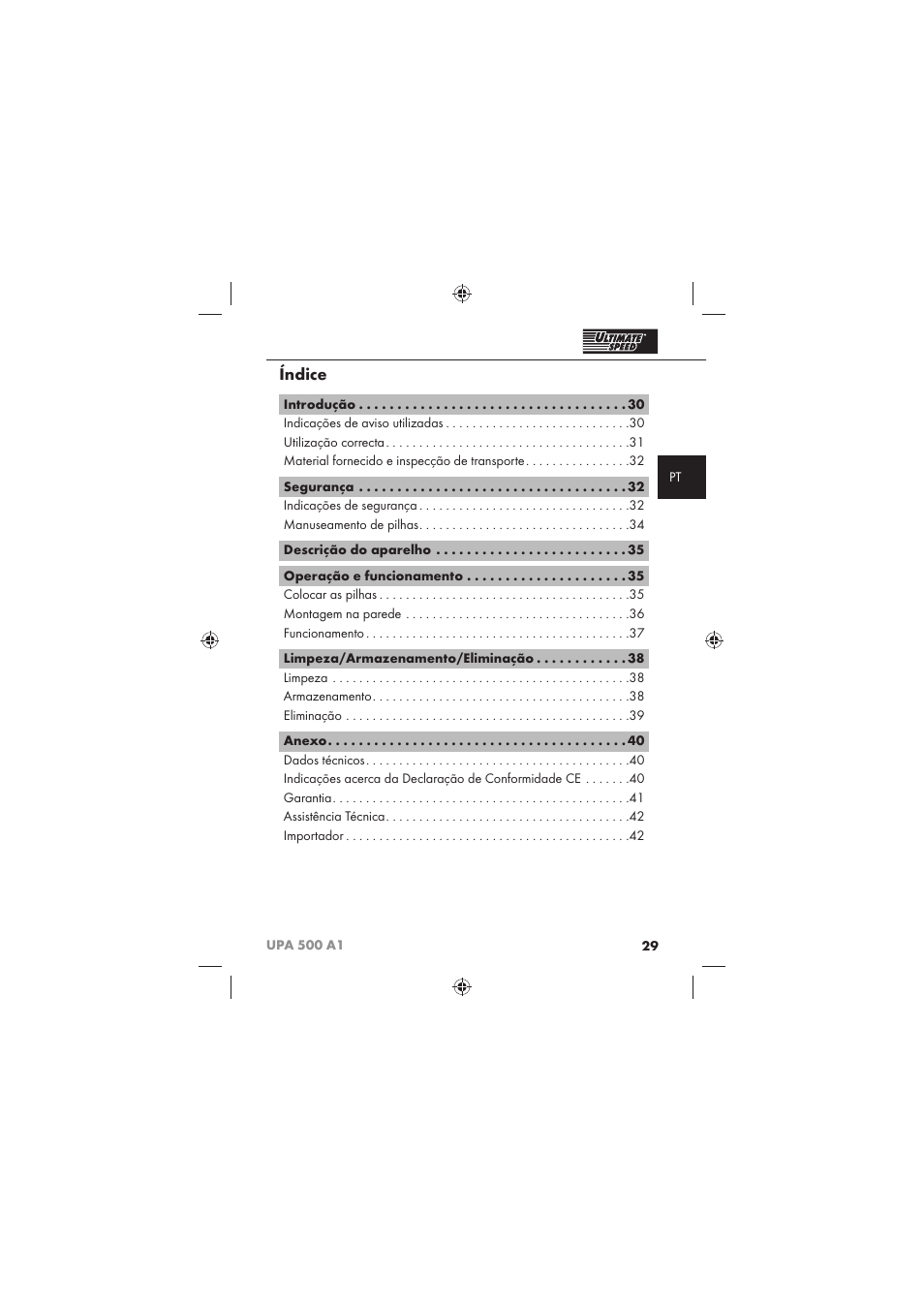 Índice | Ultimate Speed UPA 500 A1 User Manual | Page 31 / 58