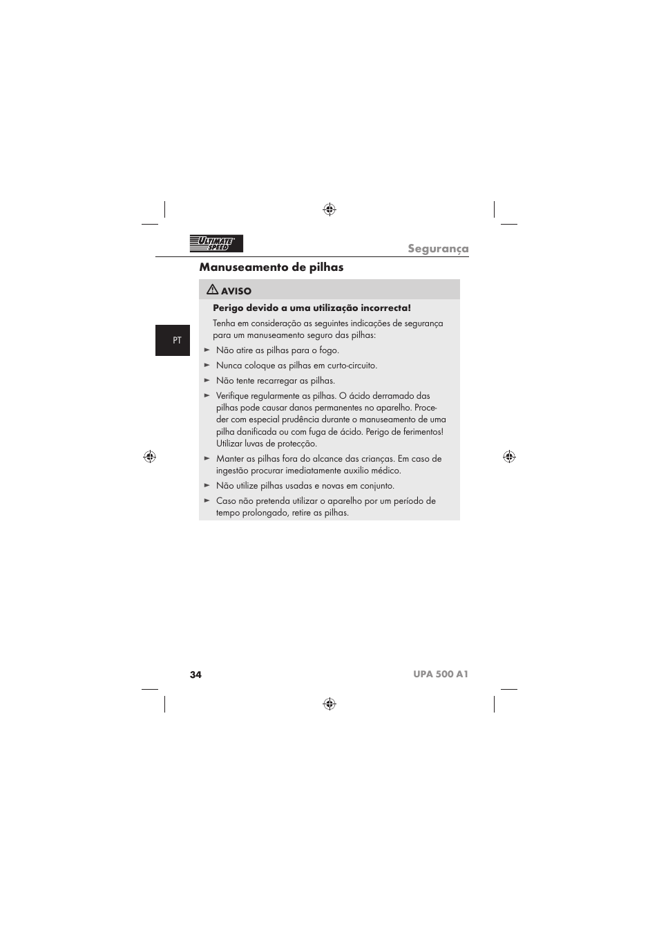 Segurança, Manuseamento de pilhas | Ultimate Speed UPA 500 A1 User Manual | Page 36 / 58
