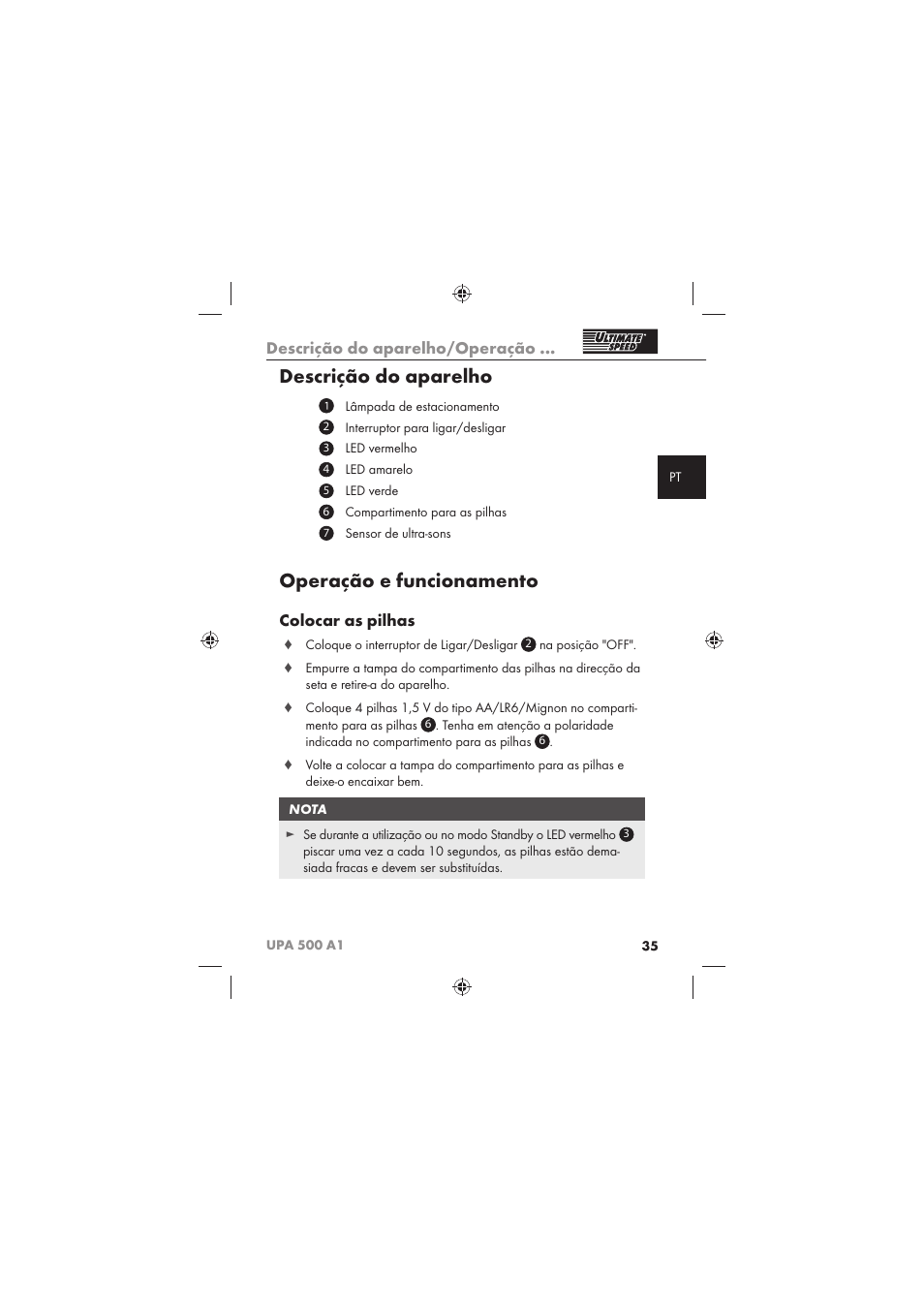 Descrição do aparelho, Operação e funcionamento, Descrição do aparelho/operação | Colocar as pilhas | Ultimate Speed UPA 500 A1 User Manual | Page 37 / 58