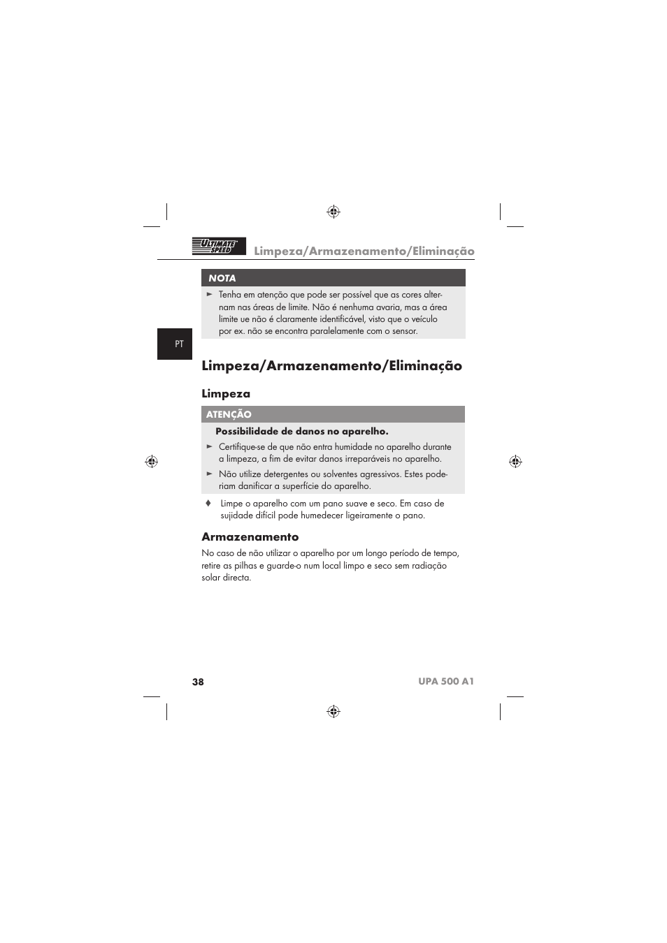 Limpeza/armazenamento/eliminação, Limpeza, Armazenamento | Ultimate Speed UPA 500 A1 User Manual | Page 40 / 58