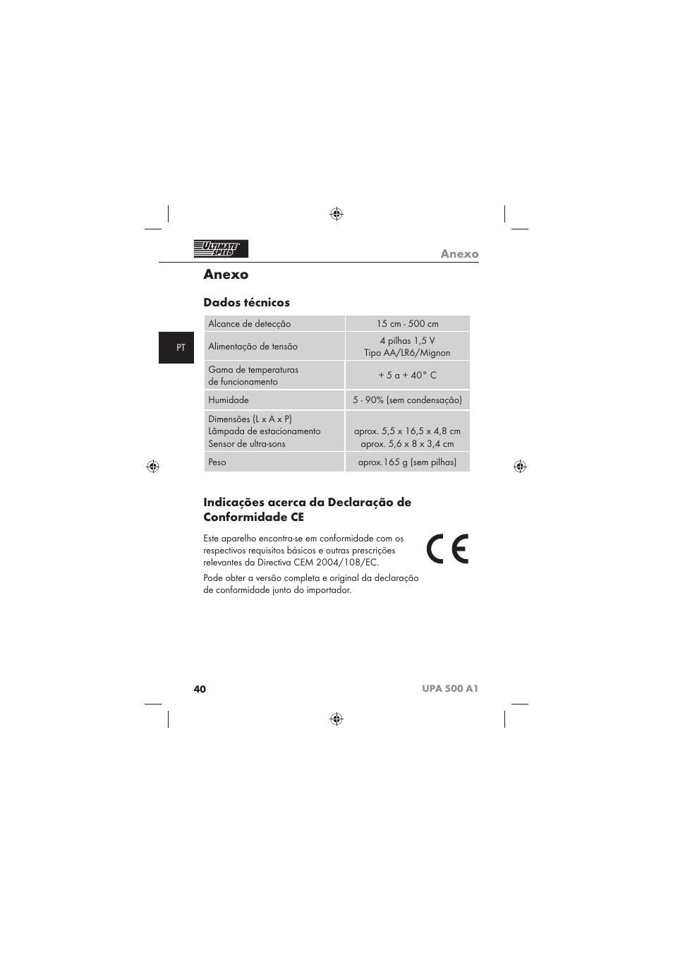 Anexo, Dados técnicos, Indicações acerca da declaração de conformidade ce | Ultimate Speed UPA 500 A1 User Manual | Page 42 / 58