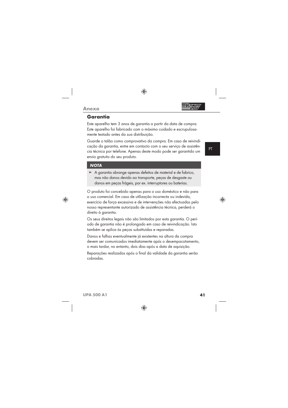 Anexo, Garantia | Ultimate Speed UPA 500 A1 User Manual | Page 43 / 58