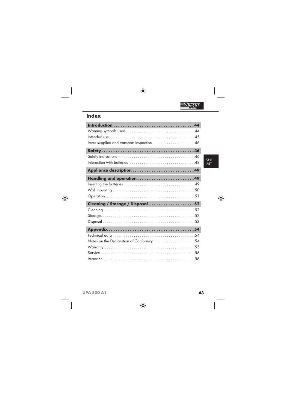 Index | Ultimate Speed UPA 500 A1 User Manual | Page 45 / 58