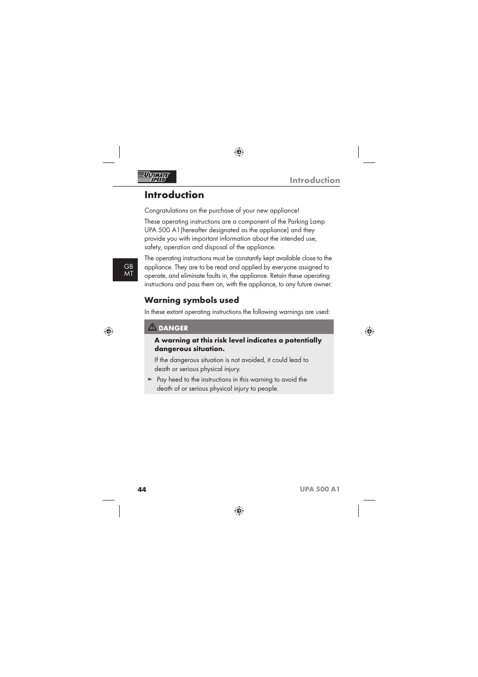 Introduction, Warning symbols used | Ultimate Speed UPA 500 A1 User Manual | Page 46 / 58