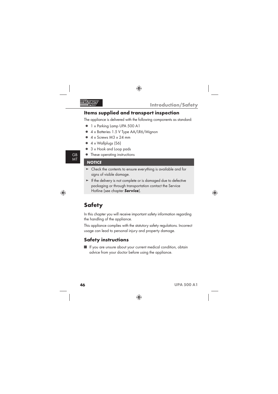 Safety, Introduction/safety, Items supplied and transport inspection | Safety instructions | Ultimate Speed UPA 500 A1 User Manual | Page 48 / 58