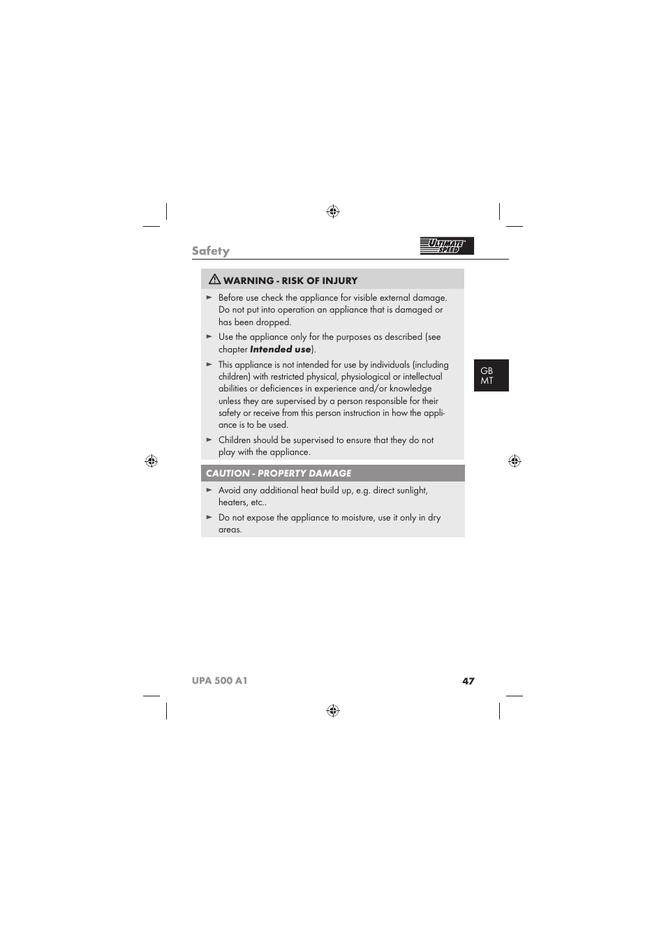 Safety | Ultimate Speed UPA 500 A1 User Manual | Page 49 / 58