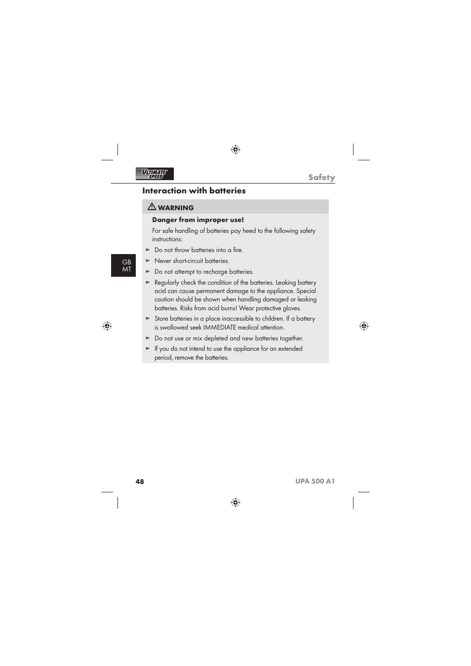 Safety, Interaction with batteries | Ultimate Speed UPA 500 A1 User Manual | Page 50 / 58