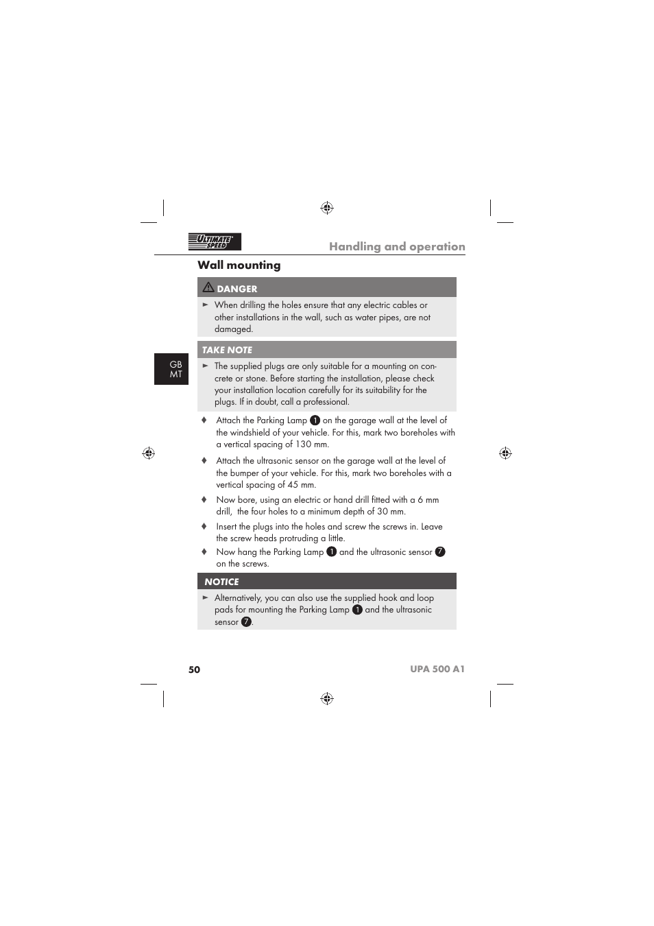 Handling and operation, Wall mounting | Ultimate Speed UPA 500 A1 User Manual | Page 52 / 58