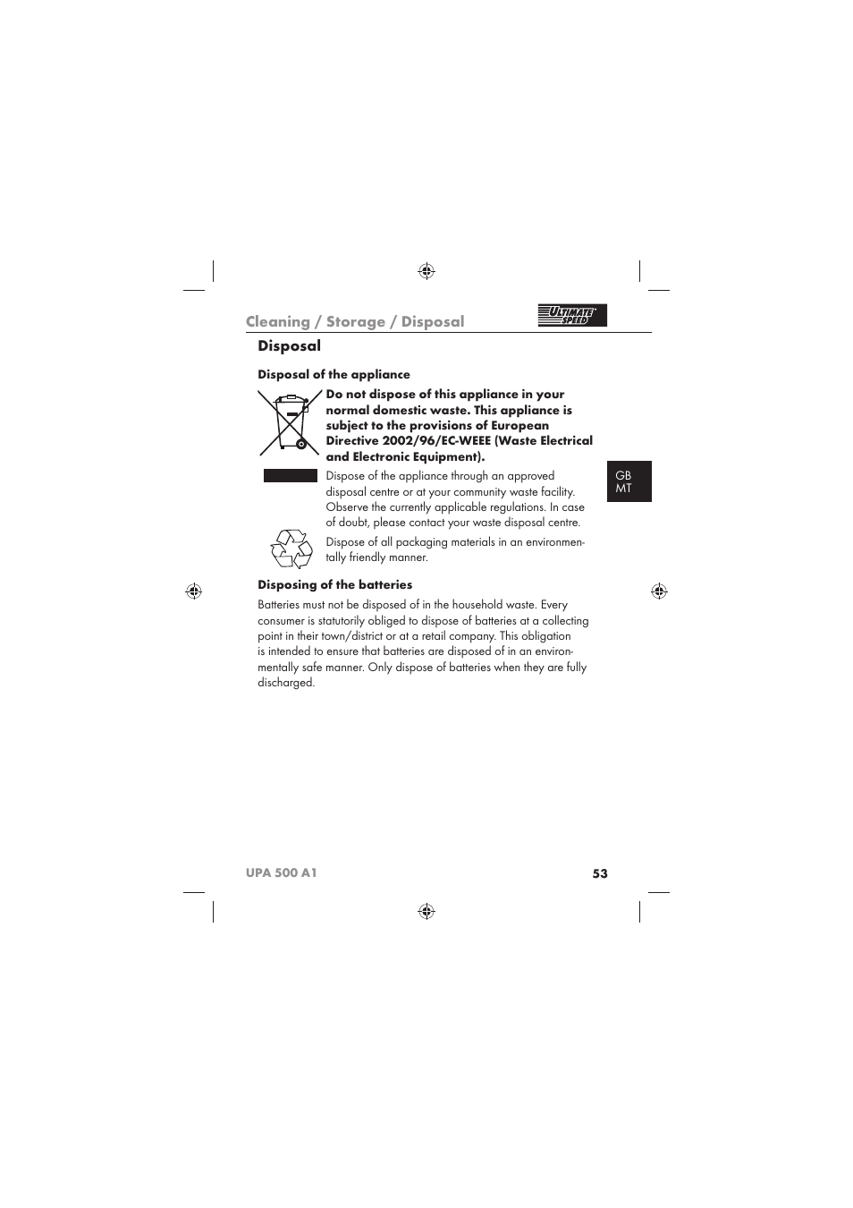 Cleaning / storage / disposal, Disposal | Ultimate Speed UPA 500 A1 User Manual | Page 55 / 58