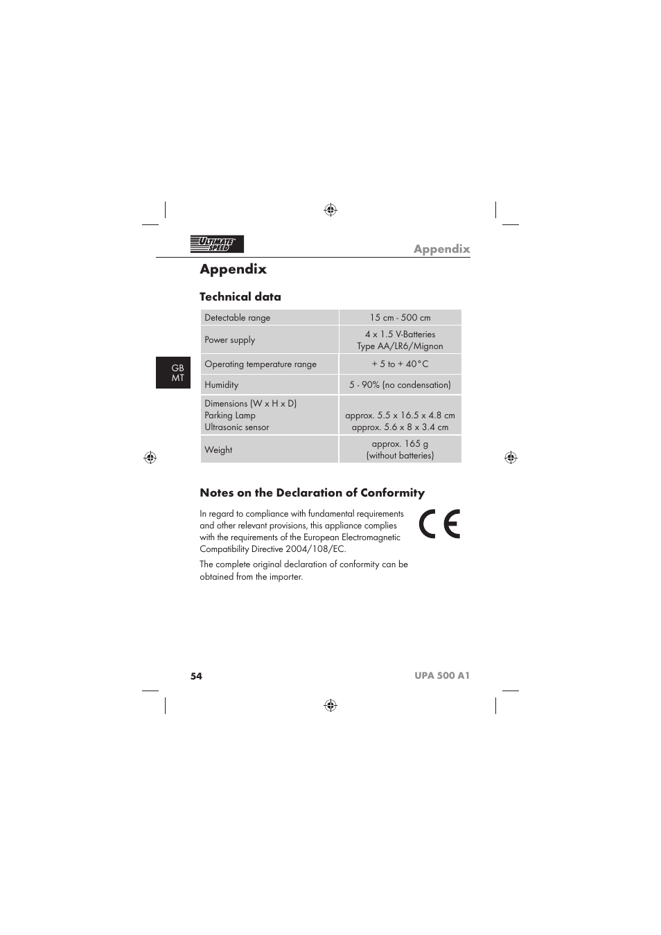 Appendix, Technical data | Ultimate Speed UPA 500 A1 User Manual | Page 56 / 58