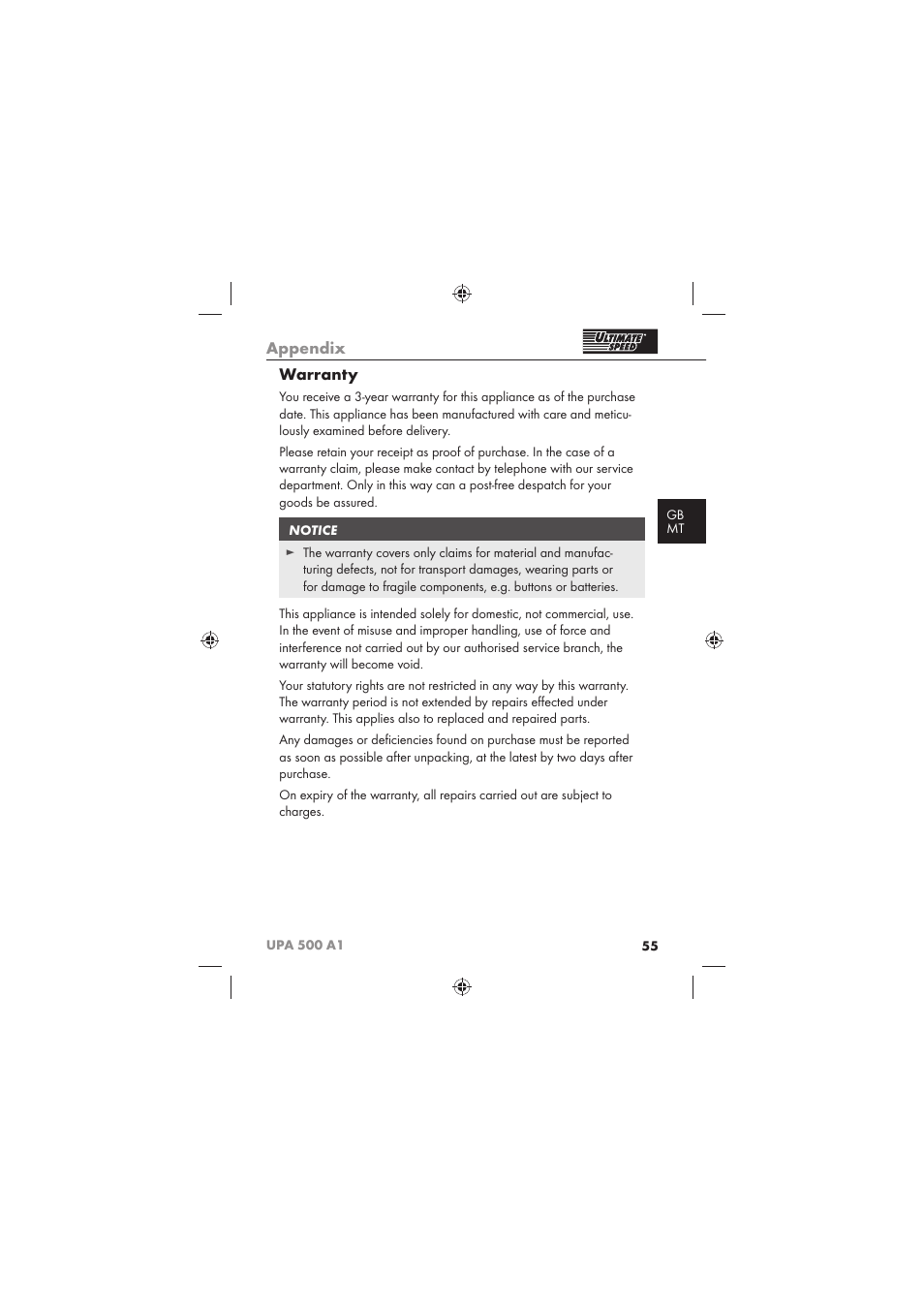 Appendix, Warranty | Ultimate Speed UPA 500 A1 User Manual | Page 57 / 58