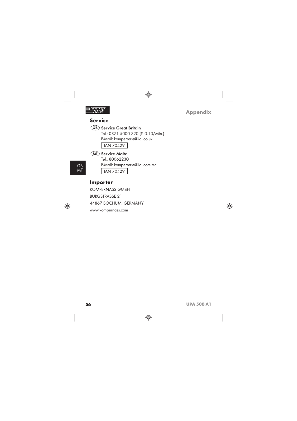 Appendix, Service, Importer | Ultimate Speed UPA 500 A1 User Manual | Page 58 / 58