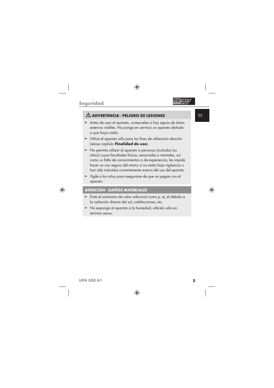 Seguridad | Ultimate Speed UPA 500 A1 User Manual | Page 7 / 58