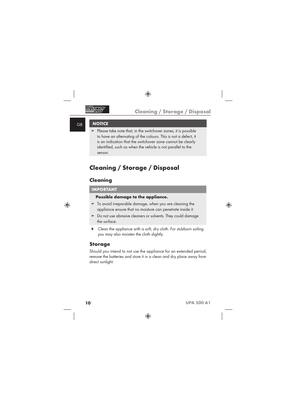 Cleaning / storage / disposal, Cleaning, Storage | Ultimate Speed UPA 500 A1 User Manual | Page 12 / 86