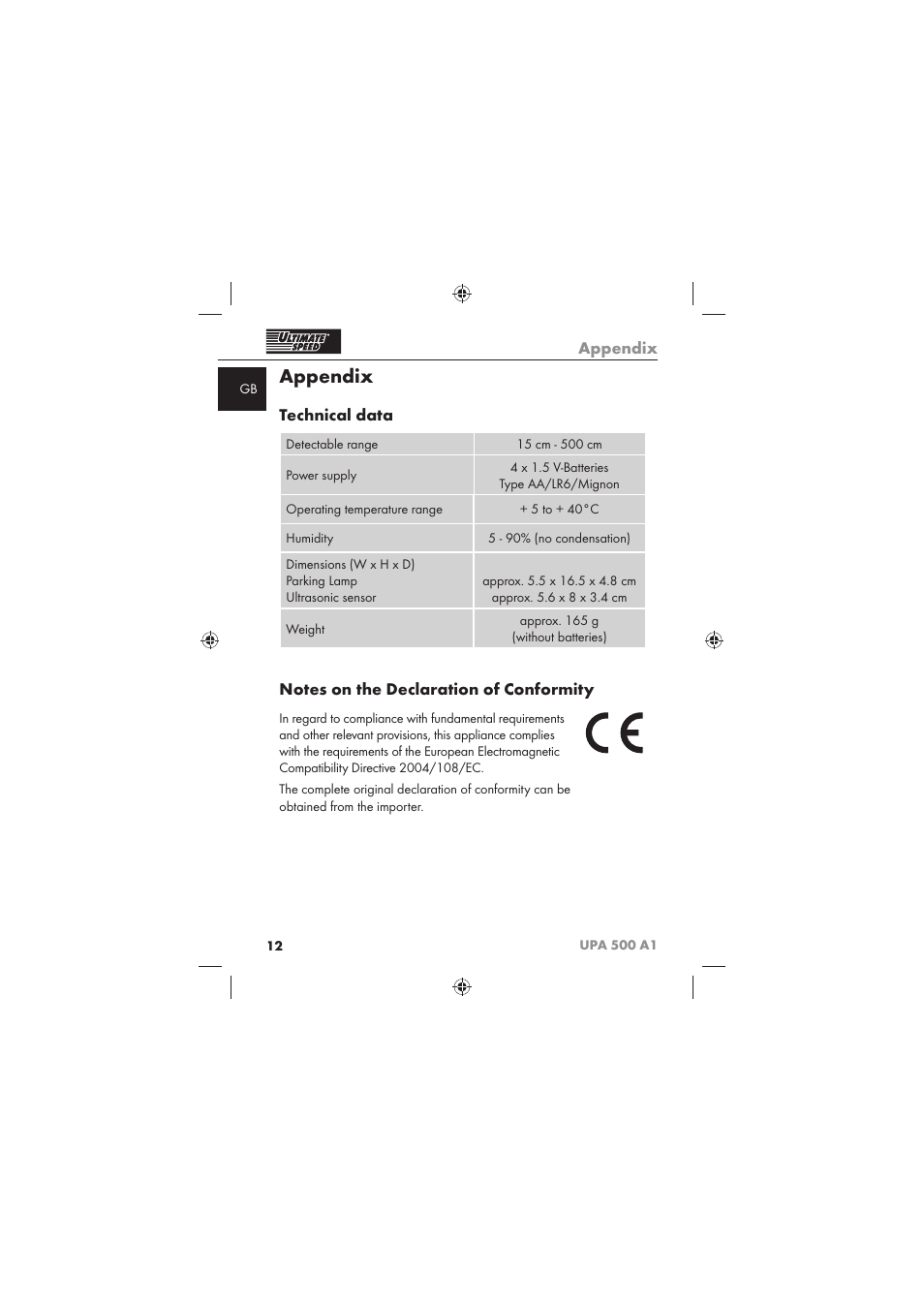 Appendix, Technical data | Ultimate Speed UPA 500 A1 User Manual | Page 14 / 86