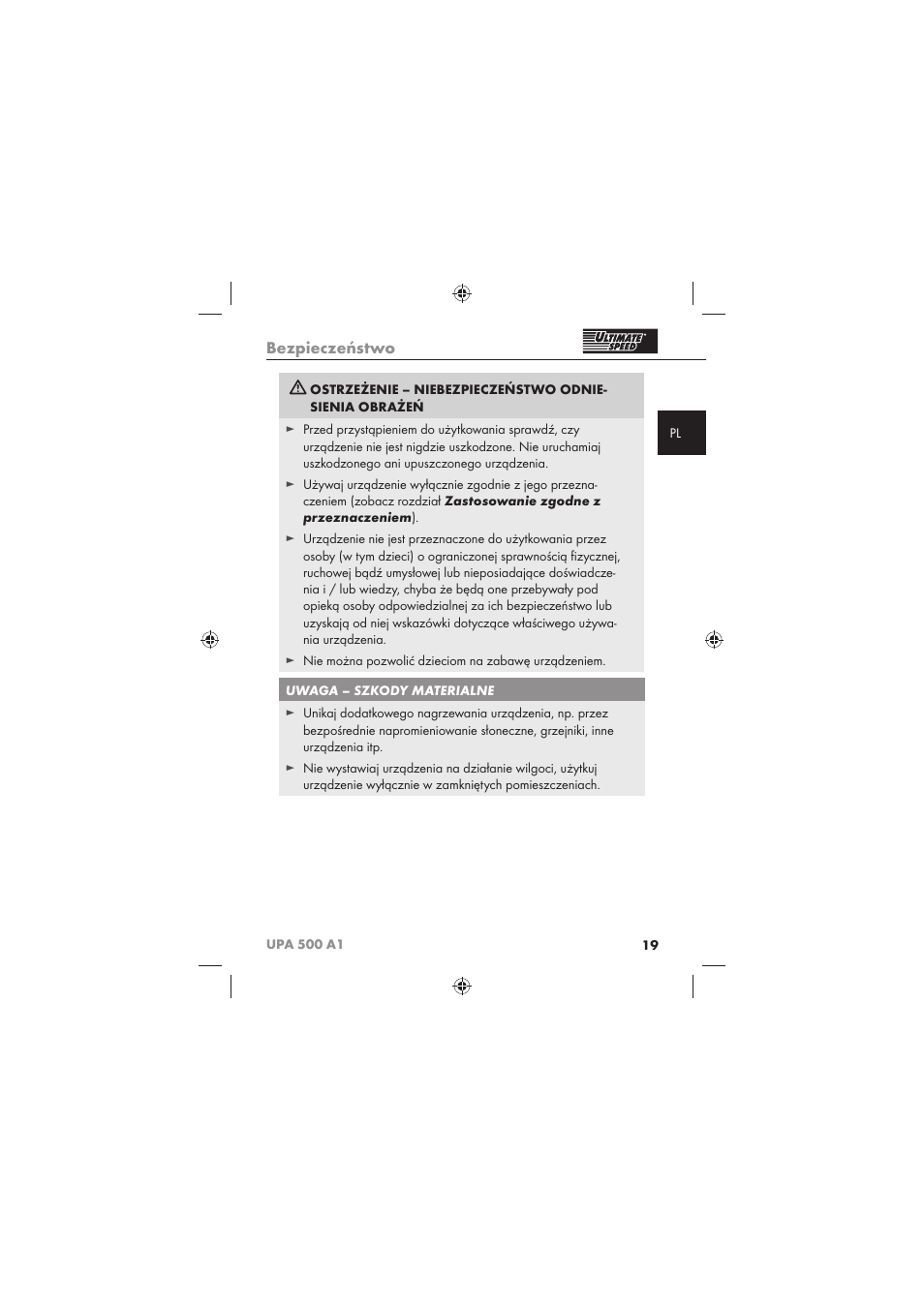 Bezpieczeństwo | Ultimate Speed UPA 500 A1 User Manual | Page 21 / 86