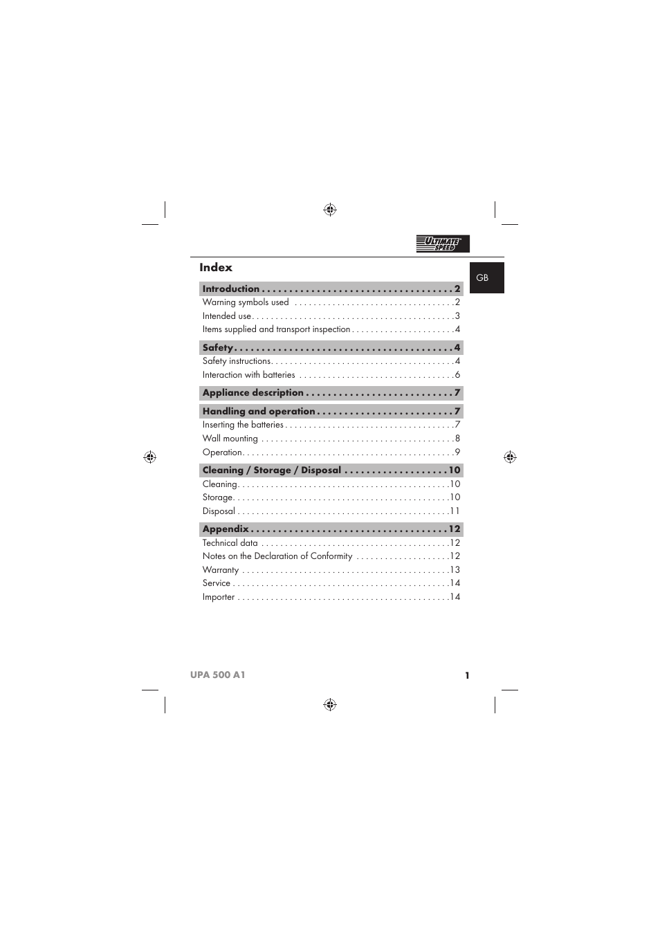 Index | Ultimate Speed UPA 500 A1 User Manual | Page 3 / 86