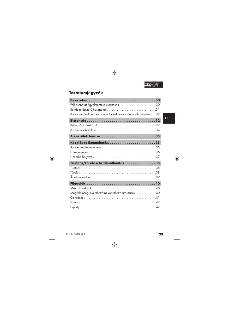 Tartalomjegyzék | Ultimate Speed UPA 500 A1 User Manual | Page 31 / 86