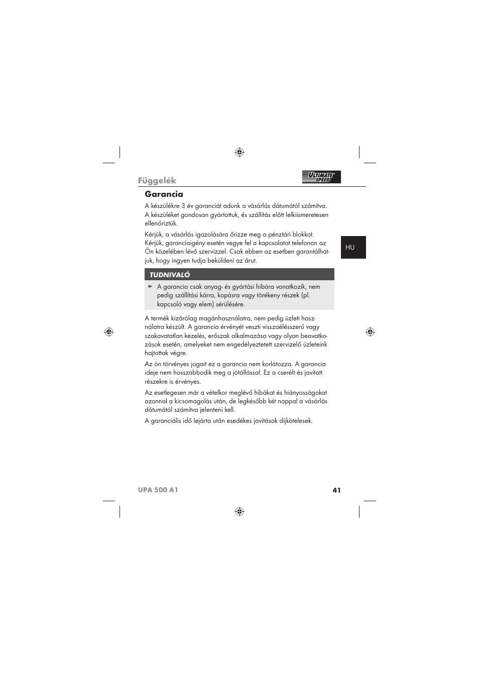 Függelék, Garancia | Ultimate Speed UPA 500 A1 User Manual | Page 43 / 86
