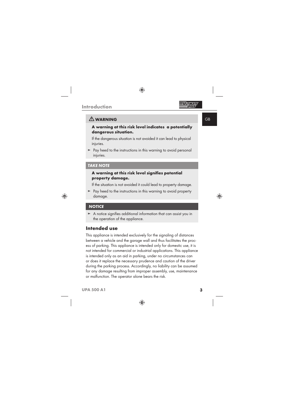 Introduction, Intended use | Ultimate Speed UPA 500 A1 User Manual | Page 5 / 86