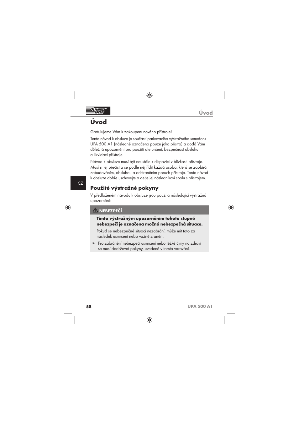 Úvod, Použité výstražné pokyny | Ultimate Speed UPA 500 A1 User Manual | Page 60 / 86