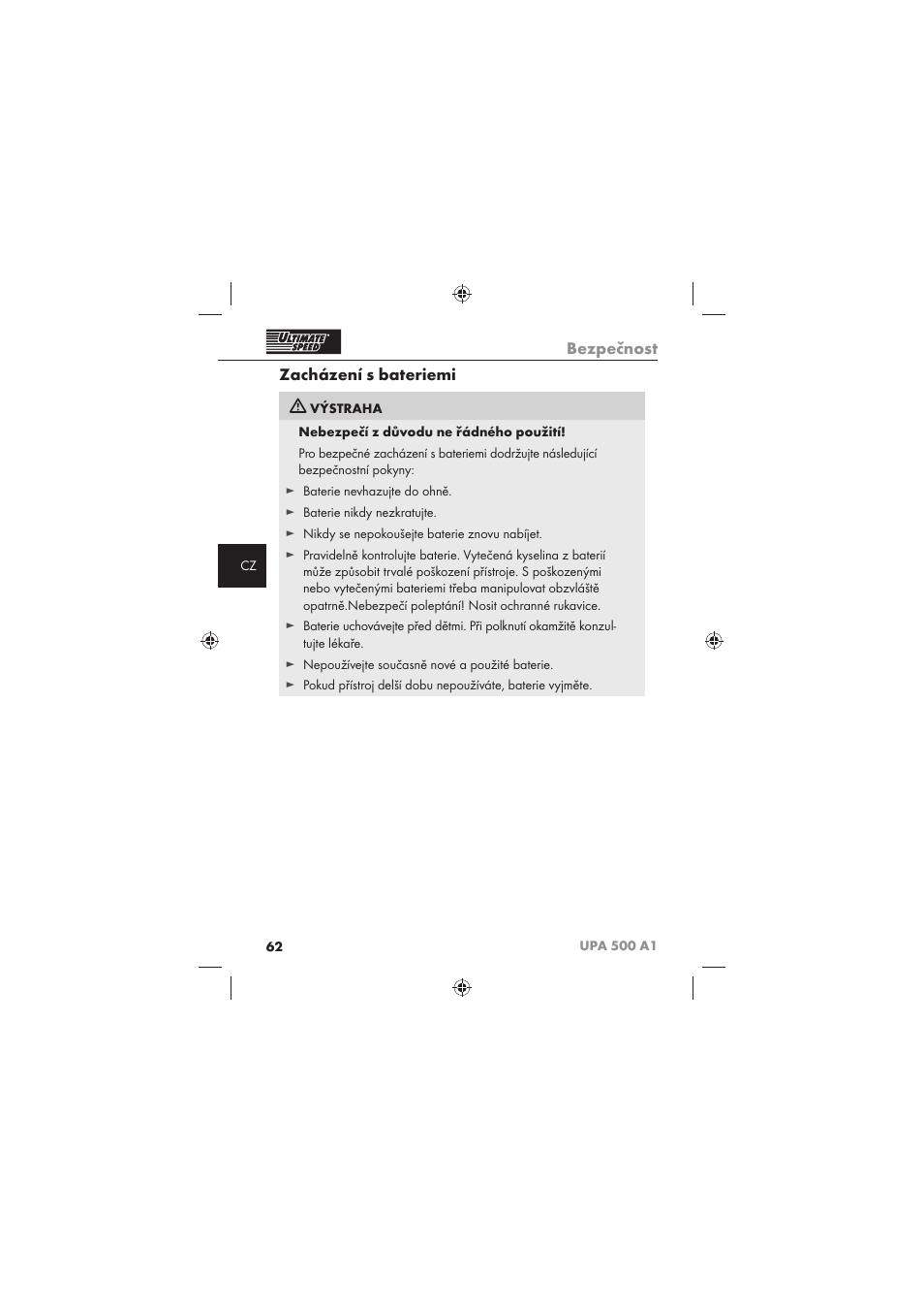Bezpečnost, Zacházení s bateriemi | Ultimate Speed UPA 500 A1 User Manual | Page 64 / 86