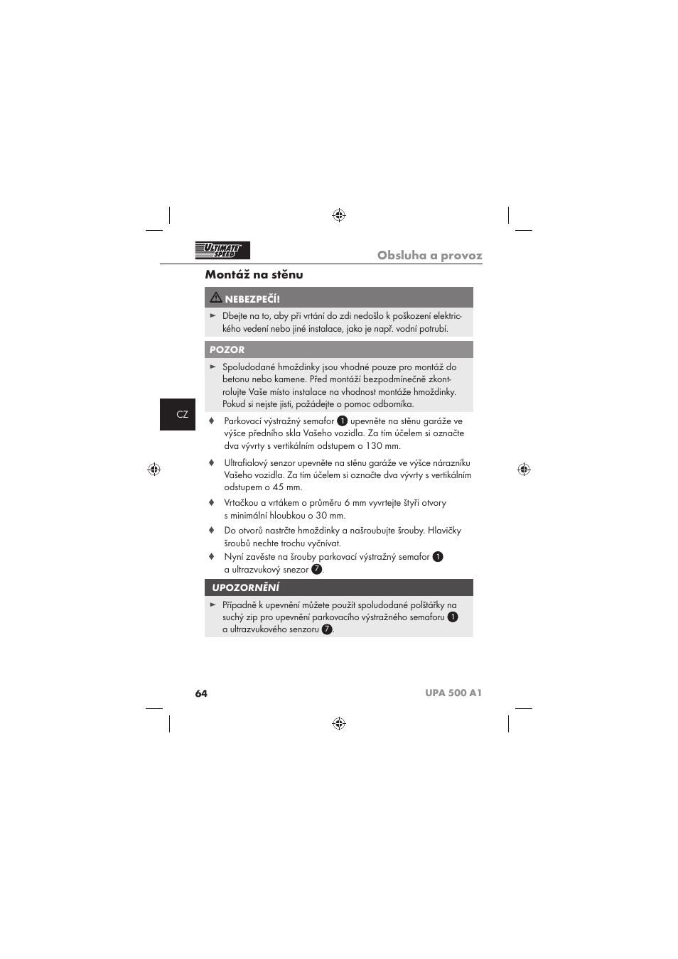 Obsluha a provoz, Montáž na stěnu | Ultimate Speed UPA 500 A1 User Manual | Page 66 / 86