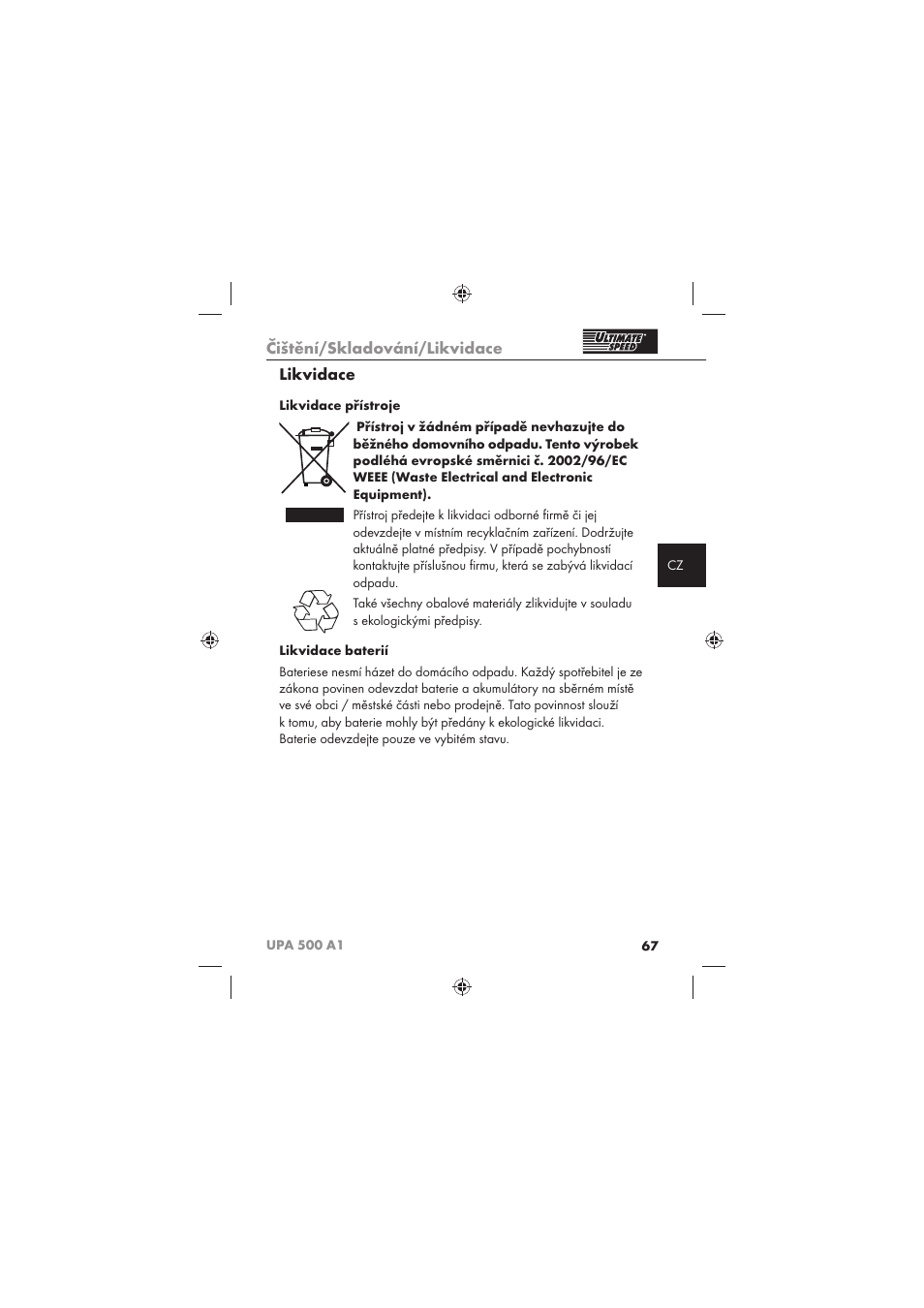Čištění/skladování/likvidace, Likvidace | Ultimate Speed UPA 500 A1 User Manual | Page 69 / 86