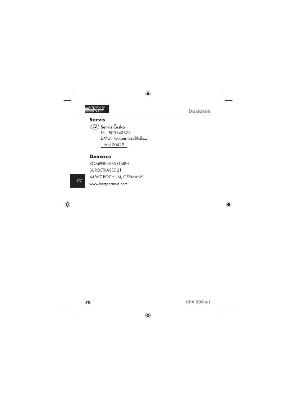 Dodatek, Servis, Dovozce | Ultimate Speed UPA 500 A1 User Manual | Page 72 / 86